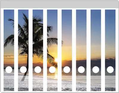 Produktbild von Wallario Ordnerrücken Sticker, selbstklebend für schmale Ordner, 8 Stück, Motiv Palme am Strand - Sonnenuntergang über dem Meer