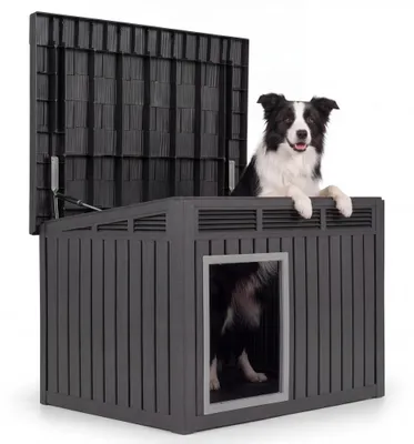 Produktbild von Hundehütte Outdoor, Hundehaus, Tierbedarf, isoliert, wetterfest, aufklappbares Schrägdach, mittelgroße Hunde, 81x64x61 cm, Schwarz, KI-generiertes Bild