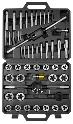 Produktbild von Gewindeschneider Set - 51-tlg. Metrisch - M6–M24 - Grob- & Feingewinde - Gewindebohrer & Schneideisen - Mit Schraubenschlüssel & Tragekoffer - Wälzlagerstahl