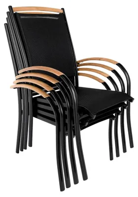 Produktbild von Gartenstuhl 4er Set Diplomat - Stapelstuhl aus Aluminium mit Teakholz Armlehnen, rostfrei, für Terrasse, Balkon, Garten, vormontiert, belastbar bis 150 kg, Schwarz
