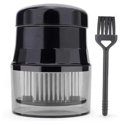 A meat tenderizer and a cleaning brush are shown against a white background.