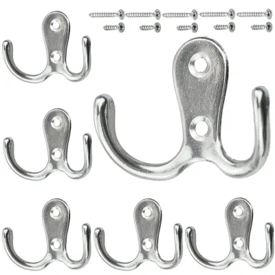 Image de Patères argentées, lot de 6, patères de style vintage avec vis, crochets métalliques doubles, patères murales pour la salle de bains et la cuisine (argentées, lot de 6)