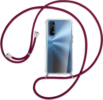 Produktbild von Handykette Backcover-Schutzhülle mit Band (Metall silberfarben) für Realme 7 (RMX2151) - dunkelrot