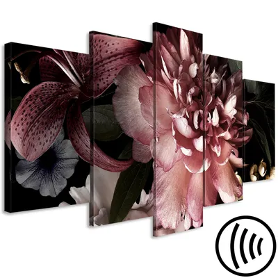 Image de Tableau acoustique Fleurs 200 x 100 cm Tableaux Mousse acoustique Absorbeur acoustique haute performance Isolation acoustique Toile 5 pièces Tableau mural Acoustique intérieure Isolation acoustique Pivoine Lys b-C-0638-b-m