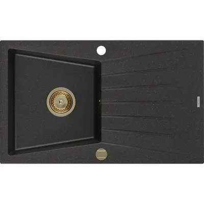 Obrázek produktu pro Mexen Cesar 1-miskový granitový dřez s odkapávačem 775 x 470 mm, Černá/Stříbrná kovová, sifon Zlatá - 6514771010-73-G