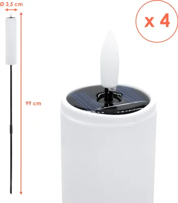 Produktbild von 1.03 Solar Fackel KERZE auf Stab im 4er Set - ca. 95 cm - Kerze weiß flackernd mit Erdspieß (4 Stück)