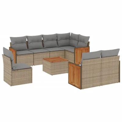 Produktbild von 9-tlg. Garten-Sofagarnitur mit Kissen Beige Poly Rattan