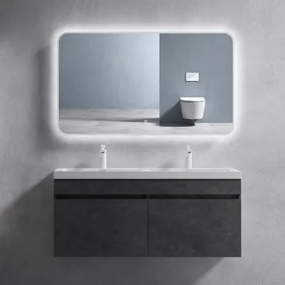 Produktbild von doporro Badmöbel-Set Grau Waschbecken-Unterschrank Badezimmerschrank Mineralguss Waschplatz 120x48x55cm inkl. Waschbecken Wandmontage Botanica