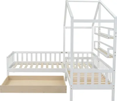 Produktbild von Merax Kinderbett 90x200cm/140x70cm mit Rausfallschutz, Schubladen und Regalen, L-Struktur Hausbett Kiefernholzbett für 2 Kinder
