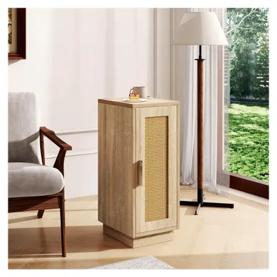 Produktbild von Rattan Nachttisch 2er Set, Kleiner Nachtschrank mit 2 Fächern, Schmaler Beistelltisch für Schlafzimmer, Wohnzimmer und Arbeitszimmer