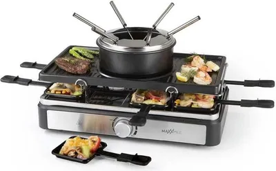 Produktbild von MAXXMEE Raclette- & Fondue-Set Antihaftbeschichtete Grillplatte integrierte Heizzone Fonduetopf Fettarm Grillen 8 Raclette-Pfännchen 6 Fonduegabeln