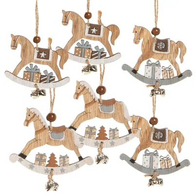 Produktbild von 6 Schaukelpferd Weihnachtsanhänger 8 cm mit Glöckchen - grau braun