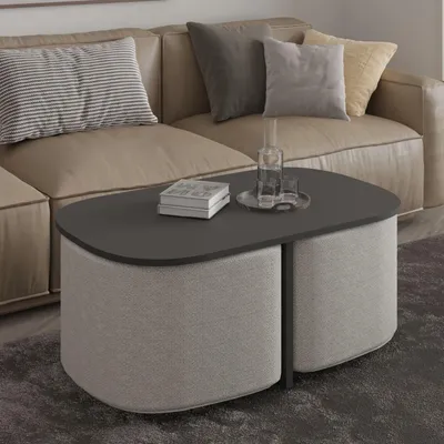 Produktbild von Skye Decor, Hochwertiges Kaffeetisch-Set (3 Teile), Anthrazit, 90 x 42,9 x 45 cm | 100% melaminbeschichtete Spanplatte, 18 mm dick | Elegantes Design mit 100% Polyester Pouffe, ideal für modernes Wohnen.