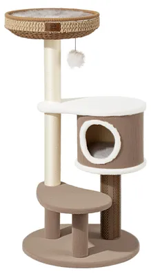 Obrázek produktu pro Fudajo Forest Lodge, kočičí strom o výšce 117 cm, barva béžová. Obsahuje: kočičí domeček, pelíšek, masážní prvek a škrábací sloupy potažené papírovým lanem