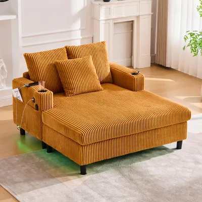 Produktbild von Großzügiger, weicher Chaiselongue-Liegesessel mit seitlichen Getränkehaltern, USB-Anschlüssen, integrierter LED-Ambiente-Beleuchtung – perfekt für Wohnzimmer, Schlafzimmer oder Wintergarten