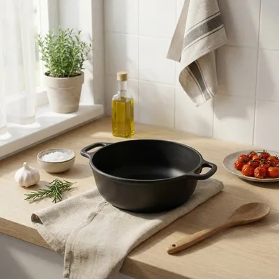 Produktbild von Gusseisenpfanne rund schwarz mit 2 Griffen, L.26 cm