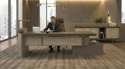 Image de Bureau de direction moderne, ensemble comprenant un bureau, un meuble de rangement et un design élégant