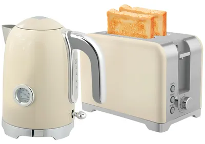 Image de Grille-pain à deux fentes, ensemble grille-pain et bouilloire 2-en-1, ensemble pour petit-déjeuner de couleur crème, en acier inoxydable | 7 niveaux de brunissage | 2200 W | 1,7 L