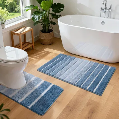Produktbild von Badezimmermatten-Set, 2-teilig, rutschfeste Badematte, blau, weiche Badematten, wasserabsorbierende Duschmatte, waschbares Badematten-Set, 45 x 65 + 50 x 60 cm