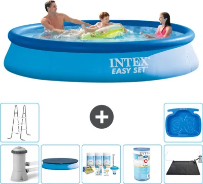Zdjęcie produktu dla Okrągły nadmuchiwany basen Easy Set firmy Intex - 366 x 76 cm - niebieski - w tym pokrywa pompy - pakiet konserwacyjny - filtr - mata solarna - drabinka - wanna na stopy