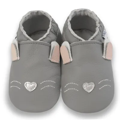 Produktbild von MEJALE® Baby Krabbelschuhe aus Echtleder,weiche Lauflernschuhe für Mädchen&Jungen, rutschfeste Ledersohle, Grau, Kätzchen,Größe XL 18-24 Monate