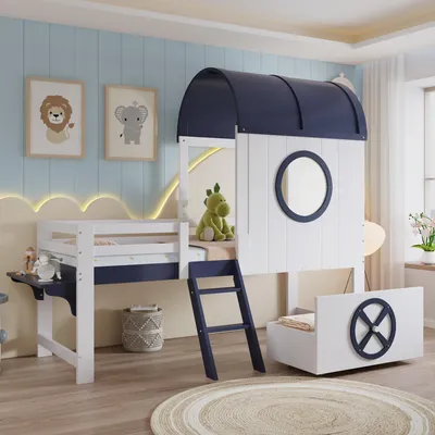 Produktbild von FAVSH Kinderbett 90x200 cm mit Dach und Fenster, Halbhohes Hochbett mit Treppe u