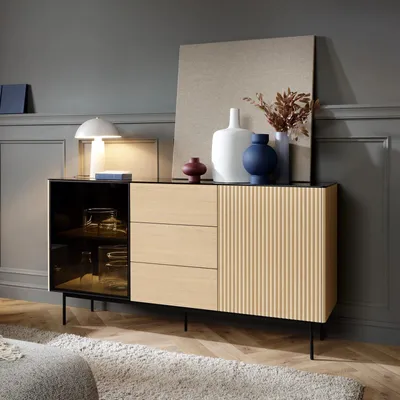 Obrázek produktu pro Komoda/skříňka DIJON, 157 cm, Imitace dub Vicenza, černá, s LED osvětlením a systémem otevírání dotykem