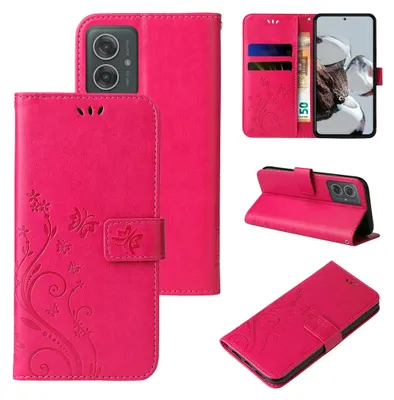 Produktbild von Handyhülle für Motorola Moto G55 5G Floral Blumen Schmetterling Flip Cover Hülle Case Klapphülle Handytasche Farbe: Pink