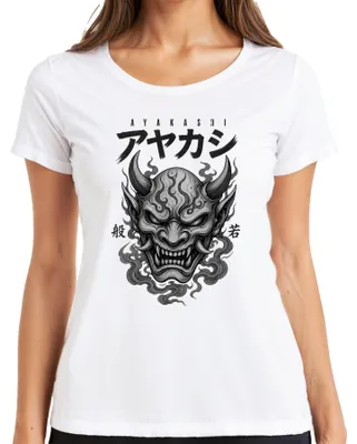 Obrázok produktu pre Tričko s potlačou "Ayakashi Oni Maske", motív japonského démona Hannya, štýl Y2K, dizajn s motívom Yokai, dámske, biela farba, veľkosť M
