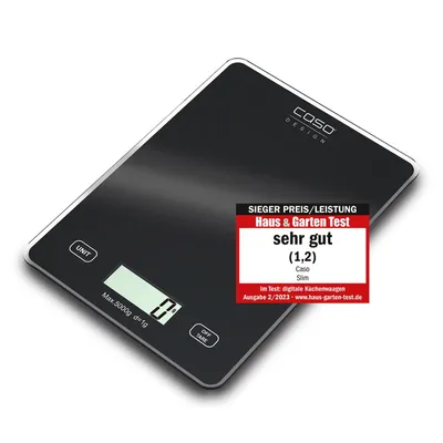 Productafbeelding van Caso SLIM 3210: Elektronische keukenweegschaal met LCD-display, meetbereik tot 5 kg, glazen weegbeker, en een functie om extra gewicht toe te voegen