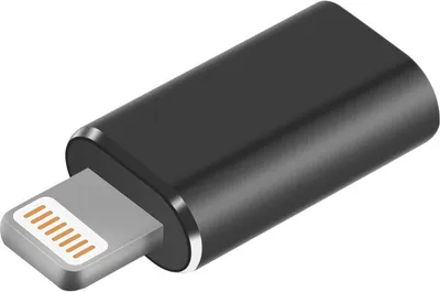 A black USB-C adapter with a silver lightning connector.