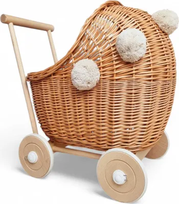 Produktbild von WikliBOX - Puppenwagen aus weiden, natur Dumpy mit pompons 45x30xH48 cm