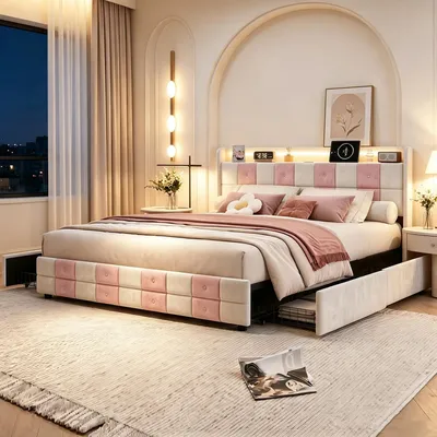 Produktbild von INONEFT Polsterbett 140x200 mit Stauraum, Boxspringbett Doppelbett mit USB und LED, 4 Schubladen, Funktionsbett mit Kopfteil, Samt (Weiß mit Rosa).