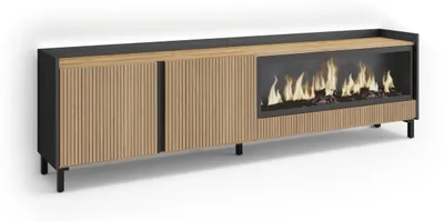 Image de PULLER Meuble TV, Banc Télé, 212x35x61 cm, Pour les TV jusqu'à 80", Cheminée électrique XXL, Design industriel, Led, Chêne et noir
