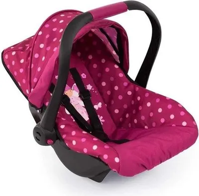 A pink polka dot doll car seat with a canopy and handle.