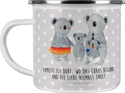 Produktbild von Mr. & Mrs. Panda becher emaille Koala Familie - Grau Pastell - Geschenk, Kinder, Papa, Pott, Teetasse, Campingbecher, Muttertag, Kaffeepott, Tasse, Mama