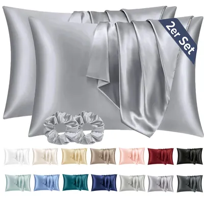 Produktbild von Set mit 2 Satin-Kissenbezügen (50 x 80 cm), grau, seidig weich, pflegeleichter als Seidenkissenbezüge, Satin-Kissenbezug (50 x 80 cm), Kissenbezug für Haut und Haar, inklusive 2 Haargummis