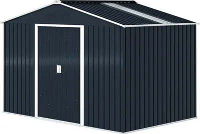 Produktbild von Verzinkter Stahl Gerätehaus 4,9m² 277x195x192cm Geräteschuppen mit Satteldach, Fundament, Abschließbarer Schiebetür, wetterfest Gartenhaus, Outdoor Garten Schuppen für Hinterhof Dunkelgrau Aosom