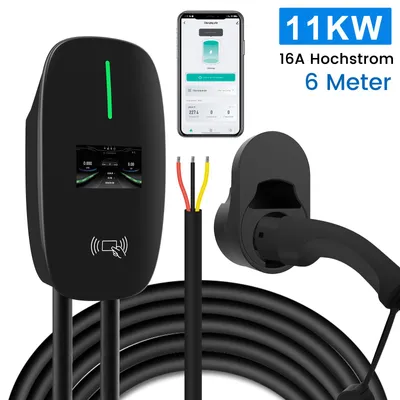Immagine prodotto di Hexinex Level 2 Caricatore da parete per auto elettriche 11 kW, 16A, trifase, cavo da 6 m, tipo 2 (IEC 62196-2), IP65, controllo tramite app intelligente, scheda RFID