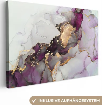 Produktbild von MuchoWow® - Leinwandbilder - Marmor - Abstrakt - Gold - Lila, Wandbild, Wanddeko Bilder Wohnzimmer, 30x20 cm