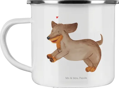 Produktbild von Mr. & Mrs. Panda Emaille Tasse Hund Dackel - Weiß - Geschenk, Dachshund, Motivtasse, Teetasse, Sprüche, Becher, Herz, Pott, Kaffeepott