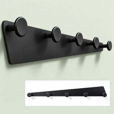 Produktbild von Mai & Mai Garderobenhaken zum Bohren oder Kleben, Kleiderhaken aus Aluminiumlegierung, Garderobenleiste mit 5 Haken, Hakenleiste 40cm Schwarz Stalo-18