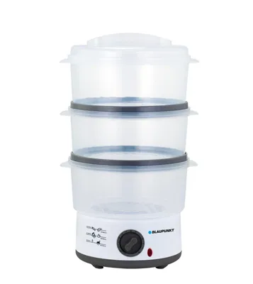 A three-tiered electric food steamer on a white background.