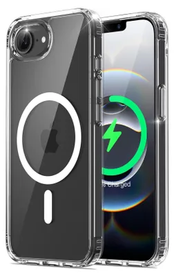 A clear protective case for an iPhone with MagSafe compatibility is shown, with the iPhone inside displaying a charging animation.