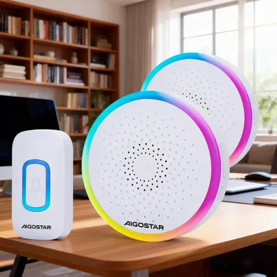 Produktbild von Aigostar funkklingel mit RGB Licht, türklingel funk IP55 Wasserdicht Außen Haustürklingel Set, 5 Lautstärkestufen, 60 Melodien, 150m Reichweite, Plug-in, 1 Klingeltaster & 2 Empfänger, Weiß – Größe St