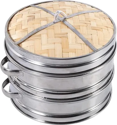 Produktbild von Zoll (ca. 20 cm) großer, zweistöckiger Bambus-Dampfgarer für chinesische Dim Sum, Reis und Nudeln mit Deckel