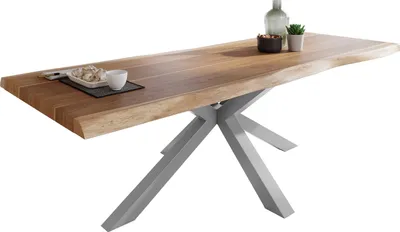 Produktbild von Esstisch Baumkante massiv Akazie natur 280 x 100 Spider-Gestell silber ATLAS