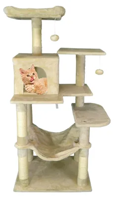 Produktbild von Katzenbaum, 143 cm hoch mit Katzenhöhle, Kletterbaum mit 4 Kratzsäulen, 2 Plattformen, Katzenspielzeug, Katzenmöbel mit stabilen Säulen, Hängematten (BEIGE)