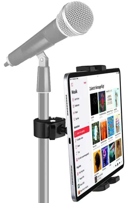 Immagine prodotto di Support per tablet con microfono e attacco per manubrio, regolabile da 4 a 13 pollici, rotazione a 360°, stabile, adatto per smartphone e tablet