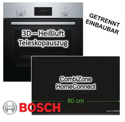 Produktbild von Herdset BOSCH Backofen Teleskopauszug + Induktionskochfeld Booster Home Connect autark 80cm